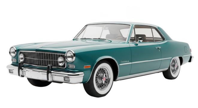 A teal classic car side profile shot on transparent background