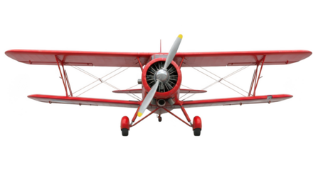 Front view of a red biplane model on transparent background