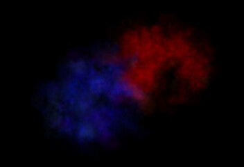 Red and blue smoke clouds blending together with transparent background creating colorful vapor texture and dynamic motion effect