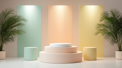 Elegant pastel podium display with tropical plant accents