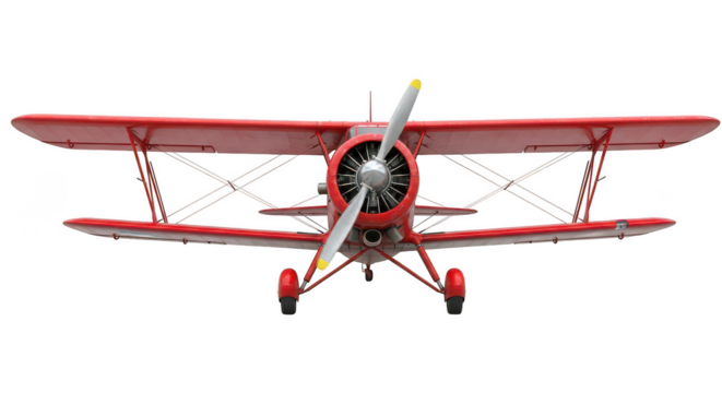 Front view of a red biplane model on transparent background