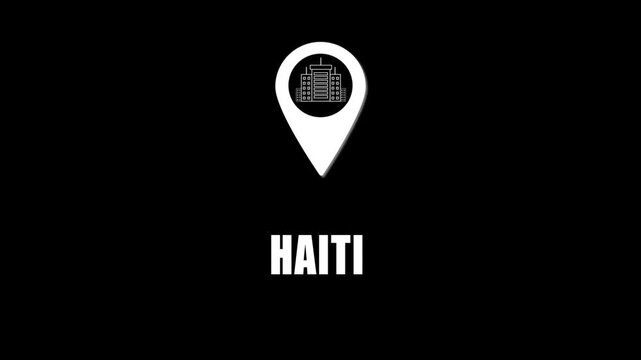 Location pin icon with city skyline and haiti text on black background. GPS location tracking icon.