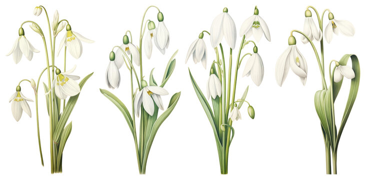 PNG Delicate snowdrops in bloom, element set on transparent background