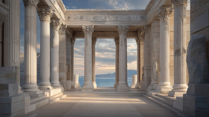 Obraz premium Ancient Greek Temple Ruins with Marble Columns Overlooking the Sea at Sunset