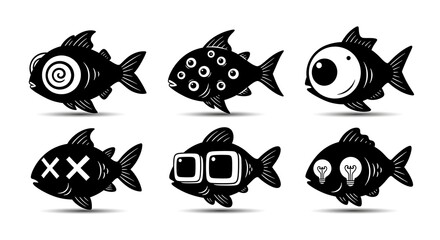 Six quirky cartoon fish designs.