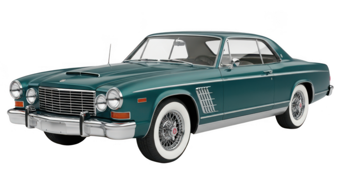 A green vintage car side profile on transparent background