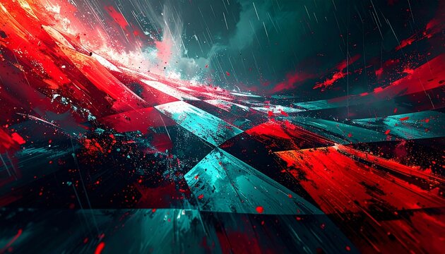 Abstract shards of red and cyan explode across a stormy, geometric landscape