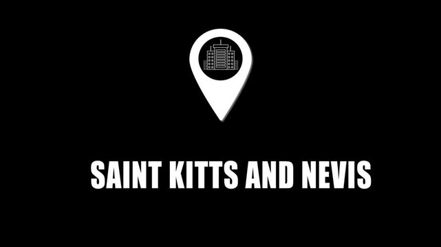 Location pin icon with city skyline and saint kits and Nev text on black background. GPS location tracking icon.