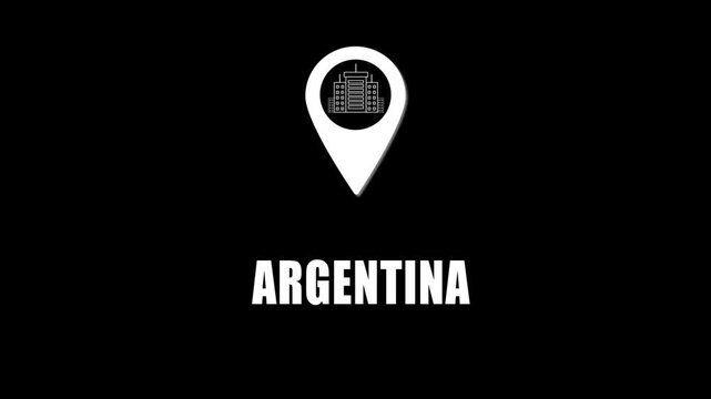 Location pin icon with city skyline and Argentina text on black background. GPS location tracking icon.