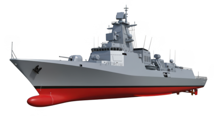 A gray frigate ship on transparent background