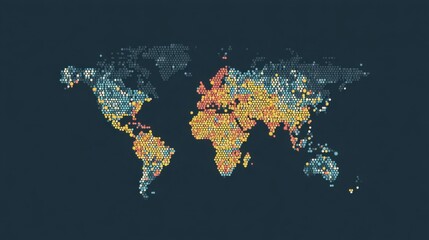 Colorful Hexagonal World Map Representation with a Dark Blue Background Ideal for Global Data Visualization and Educational Projects