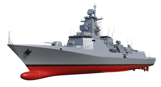 A gray frigate ship on transparent background