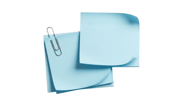 Blue sticky notes with paperclip on transparent background