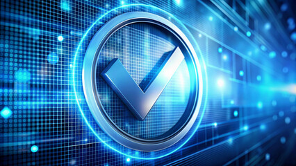 Hologram style security authentication check symbol floating in background