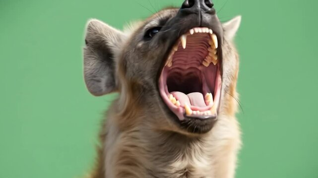 Close-up of a hyena with its mouth wide open, displaying its teeth and tongue against a solid green background.