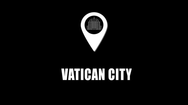 Location pin icon with city skyline and Vatican CITY  text on black background. GPS location tracking icon.