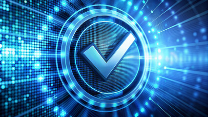 Hologram style security authentication check symbol floating in background
