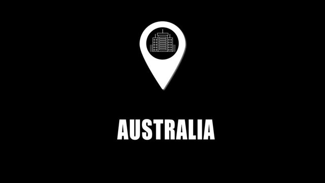 Location pin icon with city skyline and Australia text on black background. GPS location tracking icon.