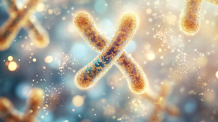 gold and white human X chromosomes visibly dividing during mitosis, glowing in vibrant colors against an abstract white, gold, and silver light backdrop. Scientific, cellular, and educational.