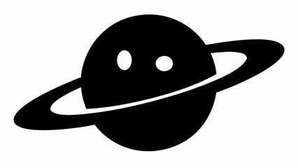 Black and white saturn like planet with rings and two oval eyes floating in empty white space view