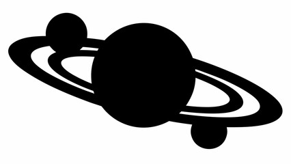 Black and white illustration of a planet with rings and two moons orbiting around the planet view from space © Sidra