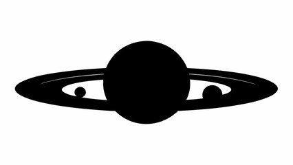 Illustration of a black planet with rings and two moons in front of a white background design element