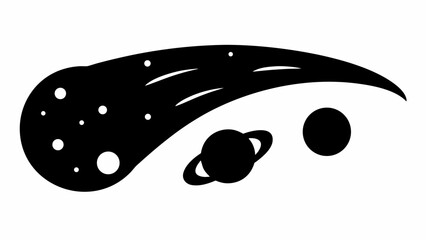 Silhouette of a comet with stars and planets including saturn in a monochrome space scene design © Sidra