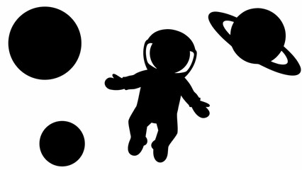 Silhouette of astronaut floating in space with planets and saturn visible in the background design © Sidra