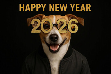 Happy New year pet. Dog wearing 2026 glasses and jacket. Isolated on black background.