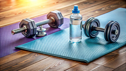 Home workout equipment with dumbbells and water bottle