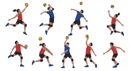 Dynamic Volleyball Players in Action Set: Illustrations of Athletes Spiking Serving and Bumping