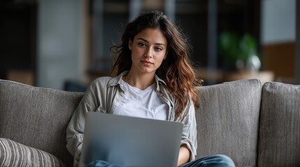 Young Latin Homeowner Deeply Engaged with Laptop amidst a Cozy, Modern Setting Embracing Digital Productivity and Progress.