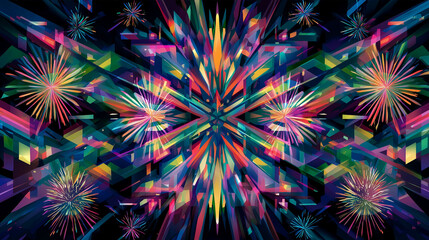 Abstract Geometric Fireworks &ndash; Vibrant Fractal Burst with Rainbow Colors and Kaleidoscopic Patterns