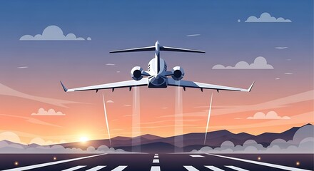 Private Jet Taking Off Sunset.