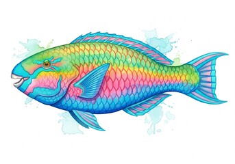 Fototapeta premium Parrotfish watercolor, animal fish underwater life, white background