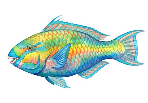 Parrotfish watercolor, animal fish underwater life, white background