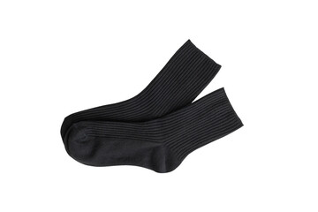 Pair of black ribbed crew socks, on transparent background