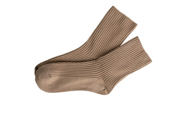 Cozy beige wool socks with ribbed design on transparent background