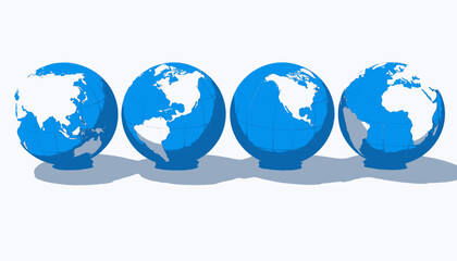 Four stylized blue and white globes on a white background with shadows