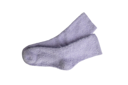 Pair of cozy purple woolen socks on transparent background
