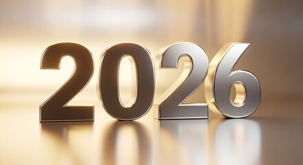 Metallic 2026 Numbers with Gold Accents on a Reflective Surface