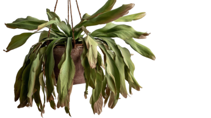 PNG of A well-worn hanging plant with drooping leaves, showcasing a natural green palette.