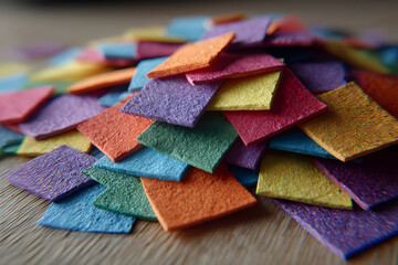 Color paper pieces on light wooden table, above view