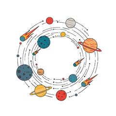 Obraz premium Whimsical solar system illustration with planets comets and orbiting lines for children's education