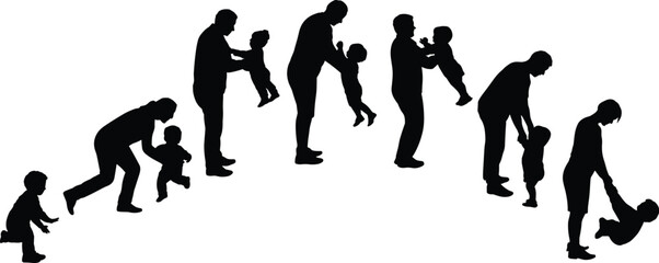 Silhouette adult lifting child, parent holding kid, family love bond, father mother with child, parenting care, childhood happiness, parent child relationship, emotional connection