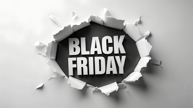 Black friday sale announcement through torn paper hole revealing discount offer