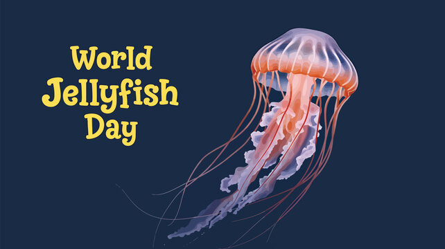 Vector art of a single, vibrant jellyfish floats gracefully in the deep blue ocean, illuminated by ethereal light, celebrating world jellyfish day - Powered by Adobe