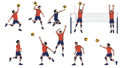 Dynamic volleyball players demonstrating various actions in the game against a white background