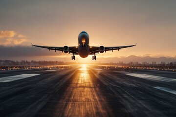 commercial airplane taking off from runway at sunrise, golden light reflecting on wet asphalt, cinematic composition, glowing horizon