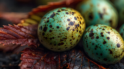 Obraz premium Close up of small speckled green eggs nestled on dark wet leaves highlighting intricate natural details and the vibrant ecosystem